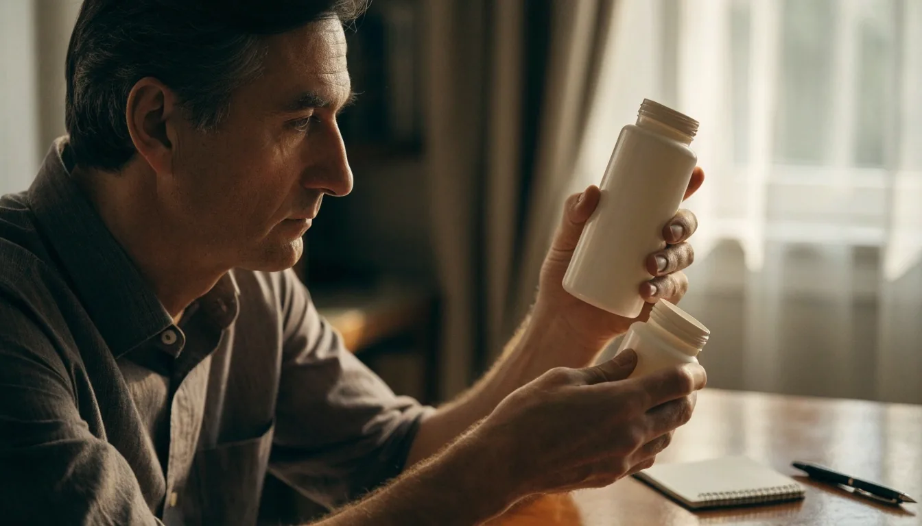 Hands turning an unbranded supplement bottle to check the panel on a wooden counter with a notebook nearby