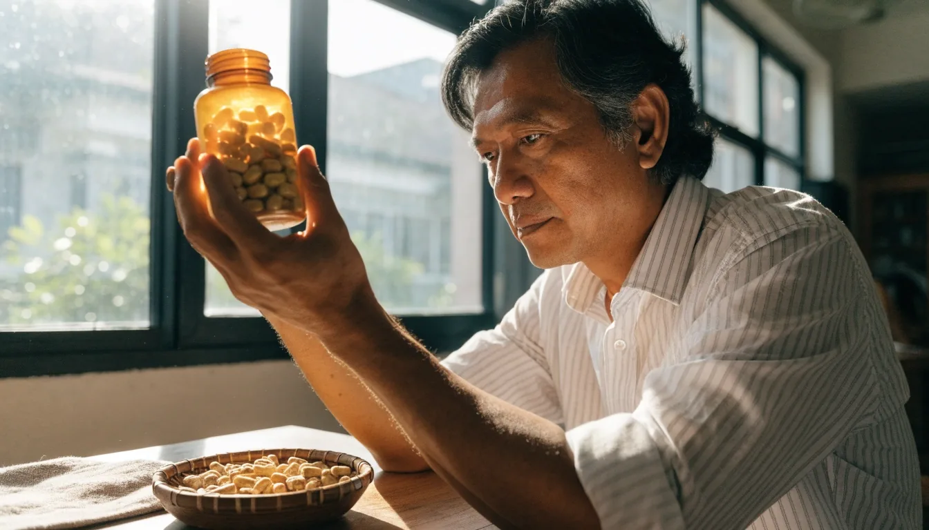 Unbranded supplement bottles and loose herbal capsules on a sunlit wooden table beside a window