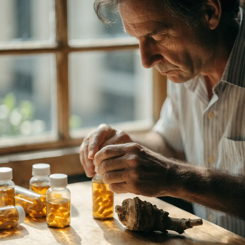Supplement bottles and a loose herbal root on a wooden work surface at the SuplemenPria.id editorial desk in Jakarta