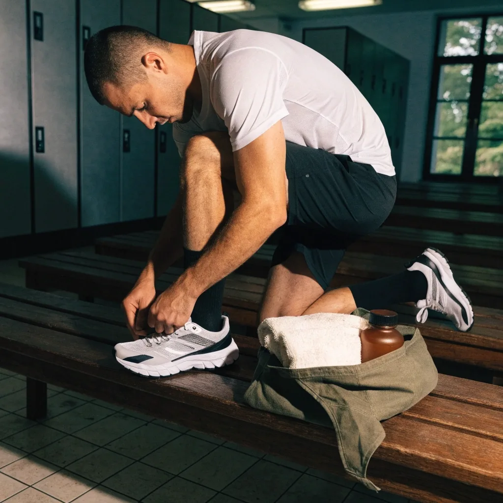Man lacing running shoes on a locker room bench with an open gym bag beside him