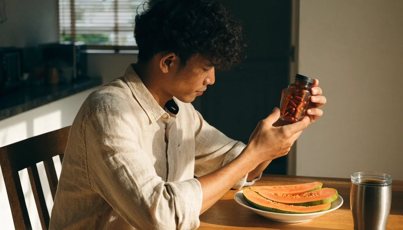 Man reading the back of a supplement bottle at his kitchen table over breakfast