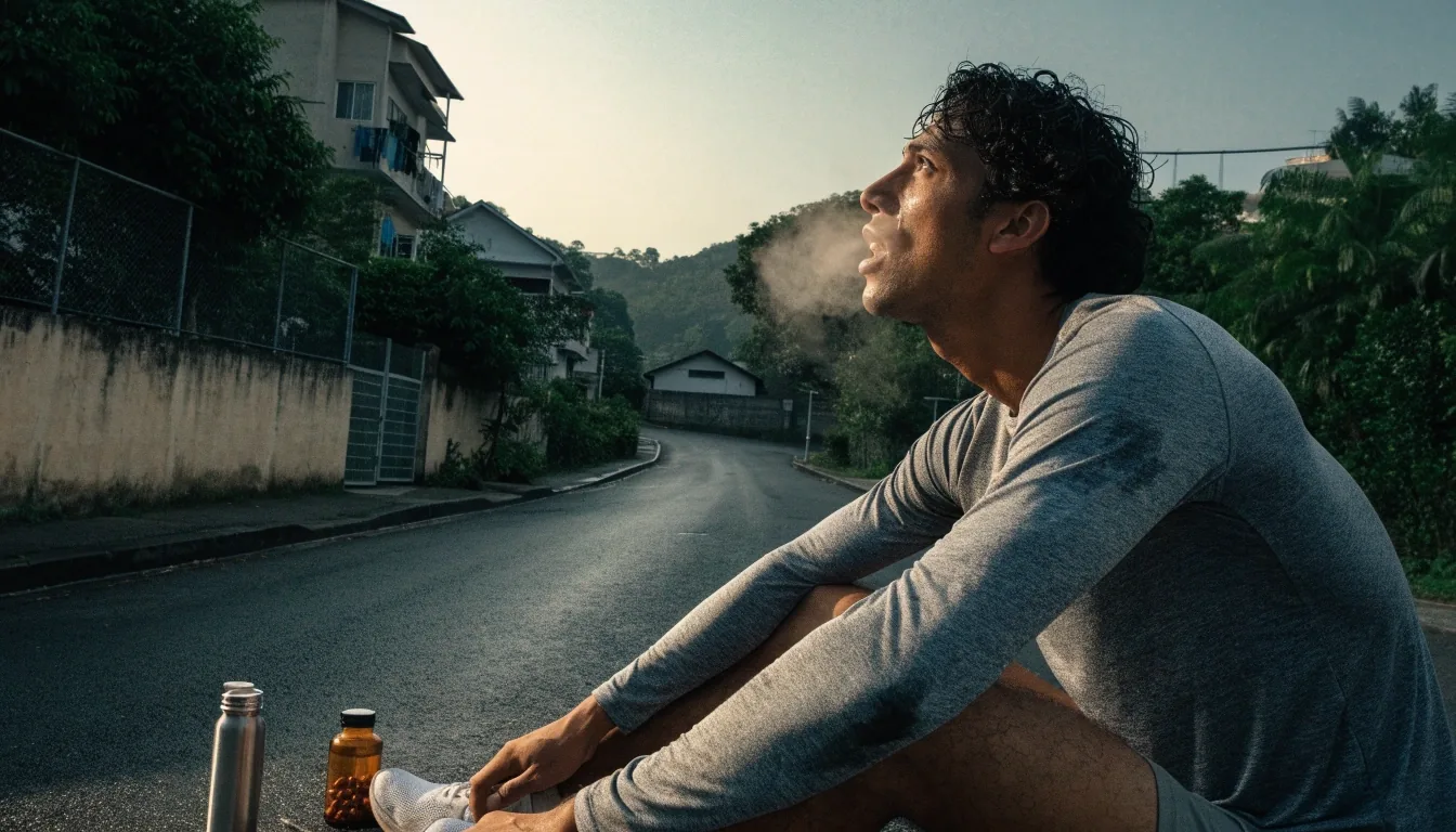 Runner catching his breath on a quiet Jakarta street at sunrise with a water bottle and supplement bottle on a low wall