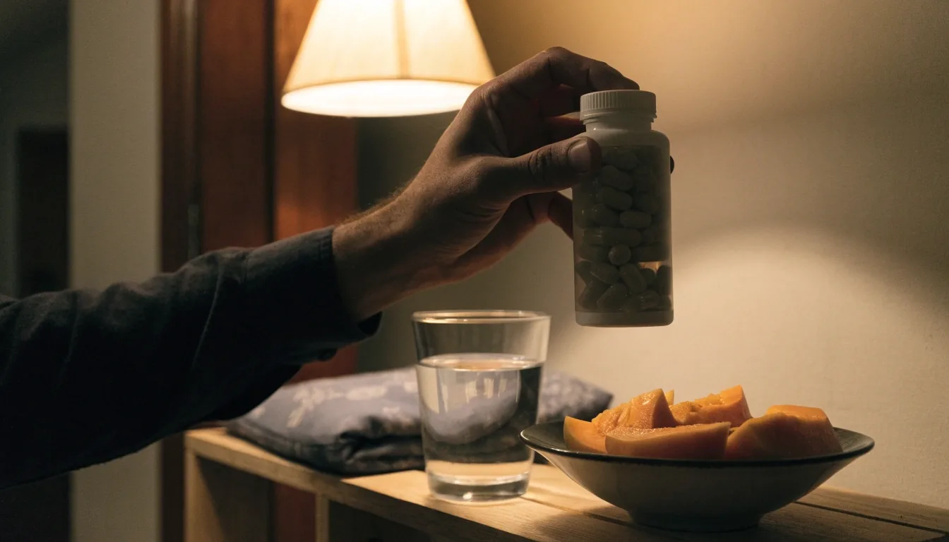 Supplement bottle, water glass and fruit on an evening kitchen counter with dusk outside the window