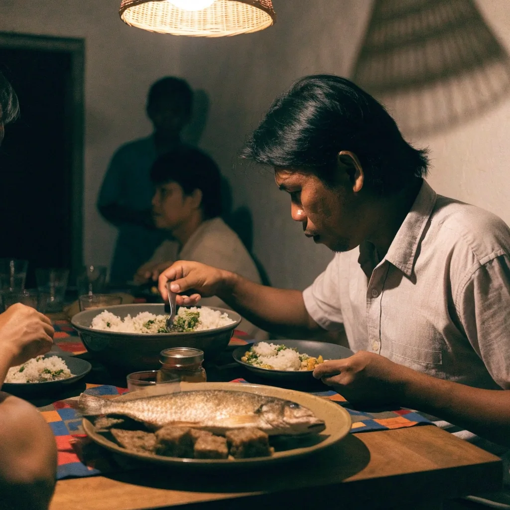 A home dinner table in Indonesia with rice, fish, greens and tempeh under warm light