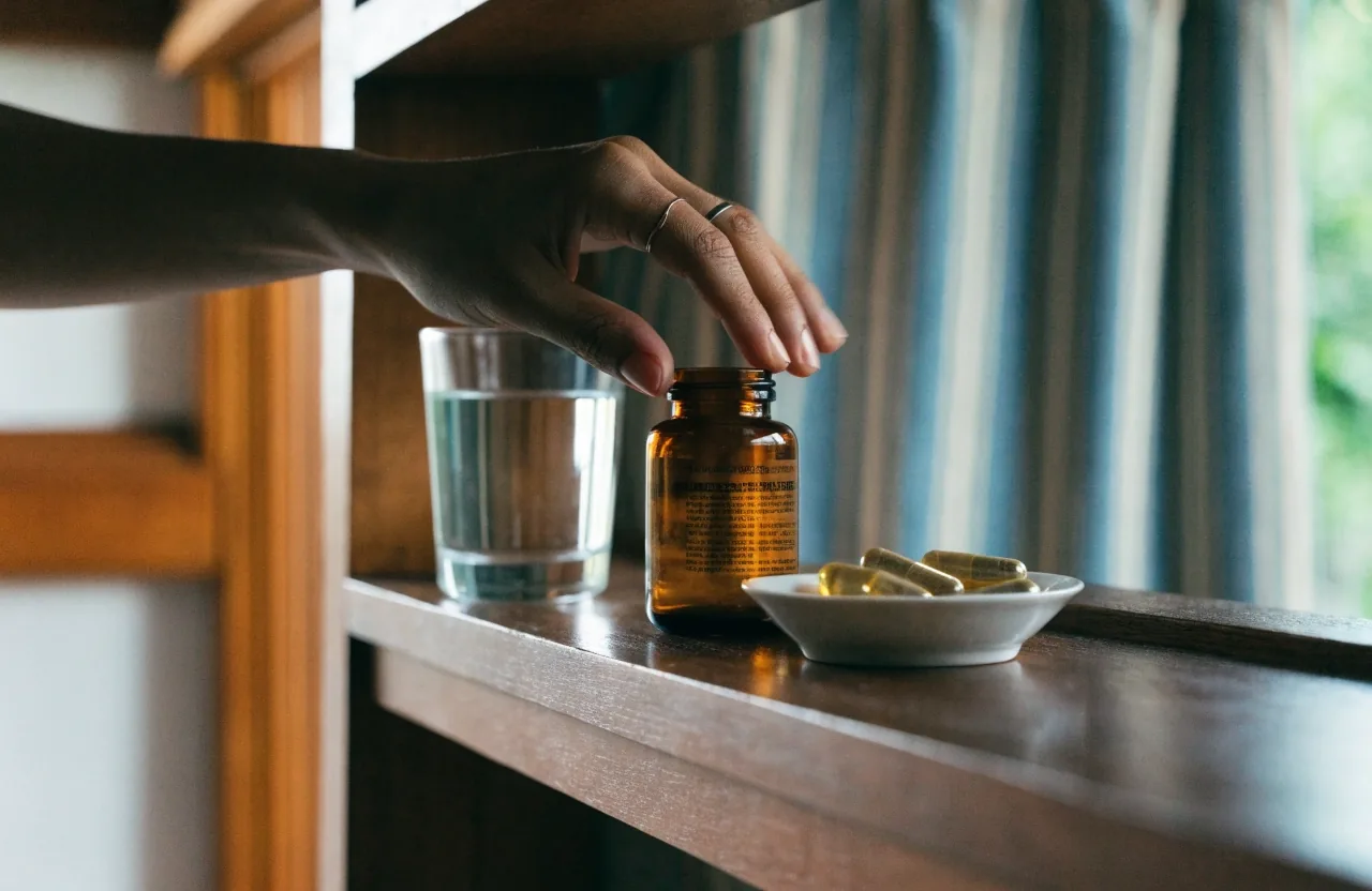 Supplement bottles on a kitchen counter in a Jakarta home, one pushed aside and out of rotation