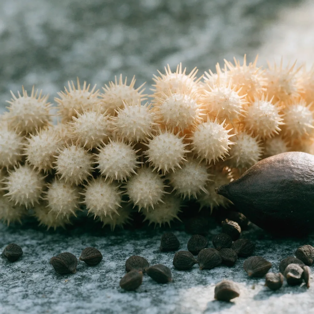 Dried tribulus terrestris seed pods beside a single dark capsule