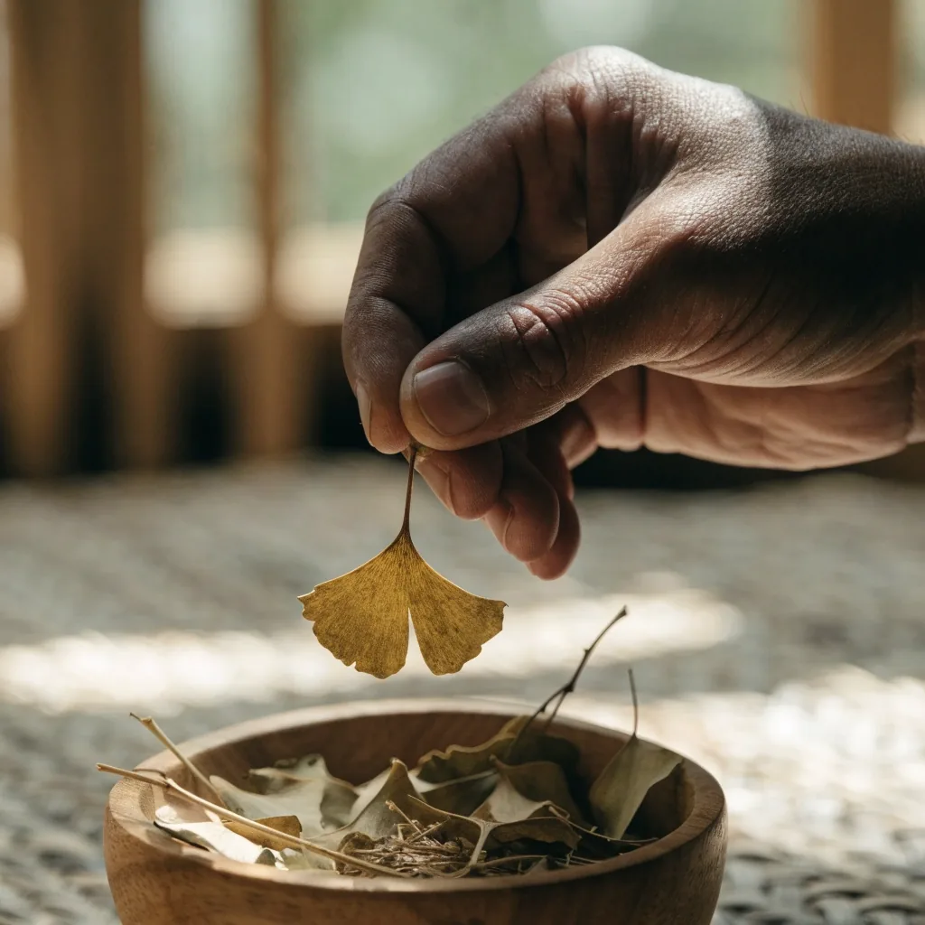 Dried ginkgo biloba leaves scattered across a pale ceramic tray