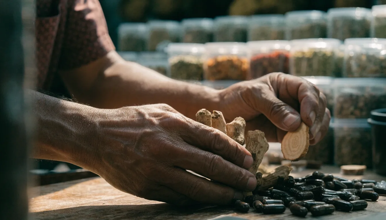 Dried maca root, ginseng slices and herbal capsules arranged on a wooden table