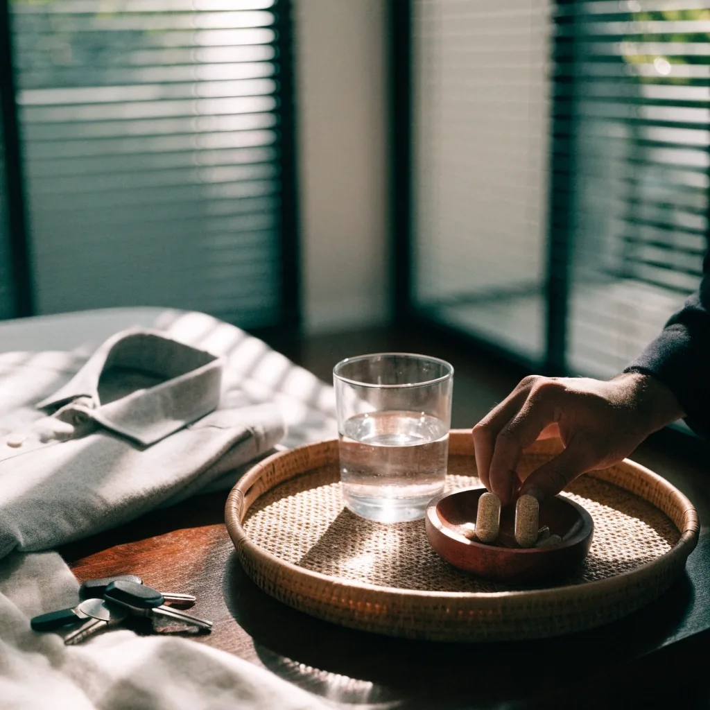 Glass of water and two herbal capsules on a bedside table in morning light