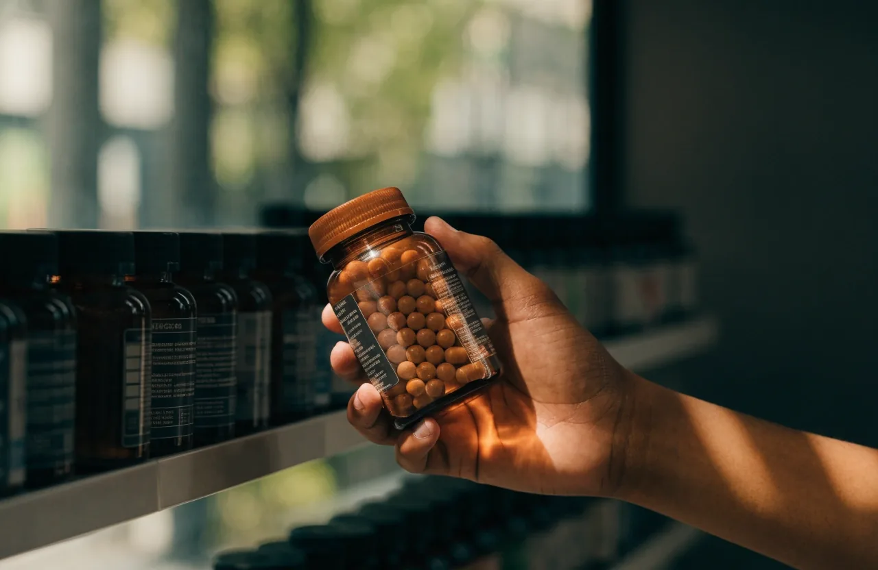 Hand reaching for a supplement bottle on a bright store shelf