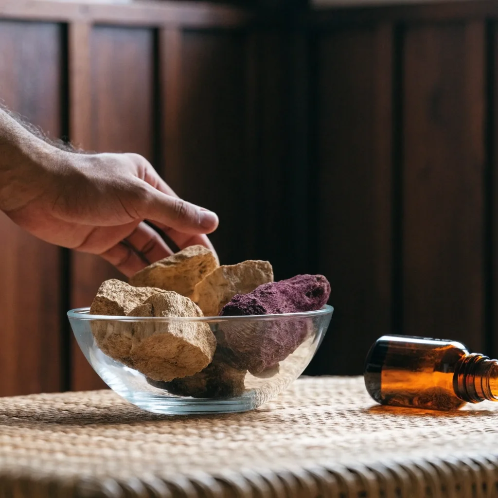Single capsule on a wooden board beside a tray of capsules