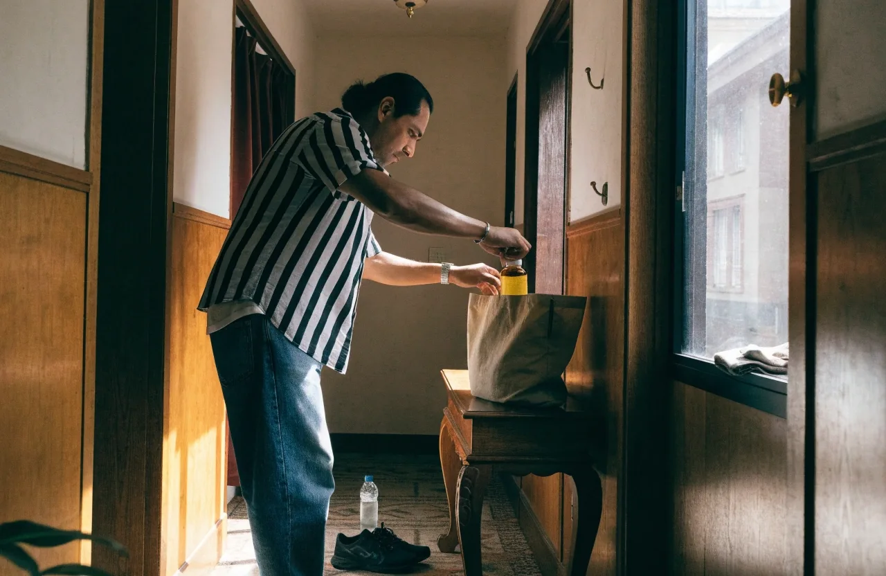 A man placing an unmarked supplement bottle into his work bag by the hallway door