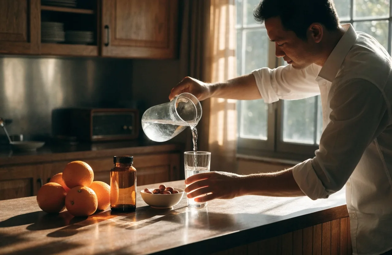 A man pouring a glass of water beside an unmarked supplement bottle on a kitchen counter in morning light