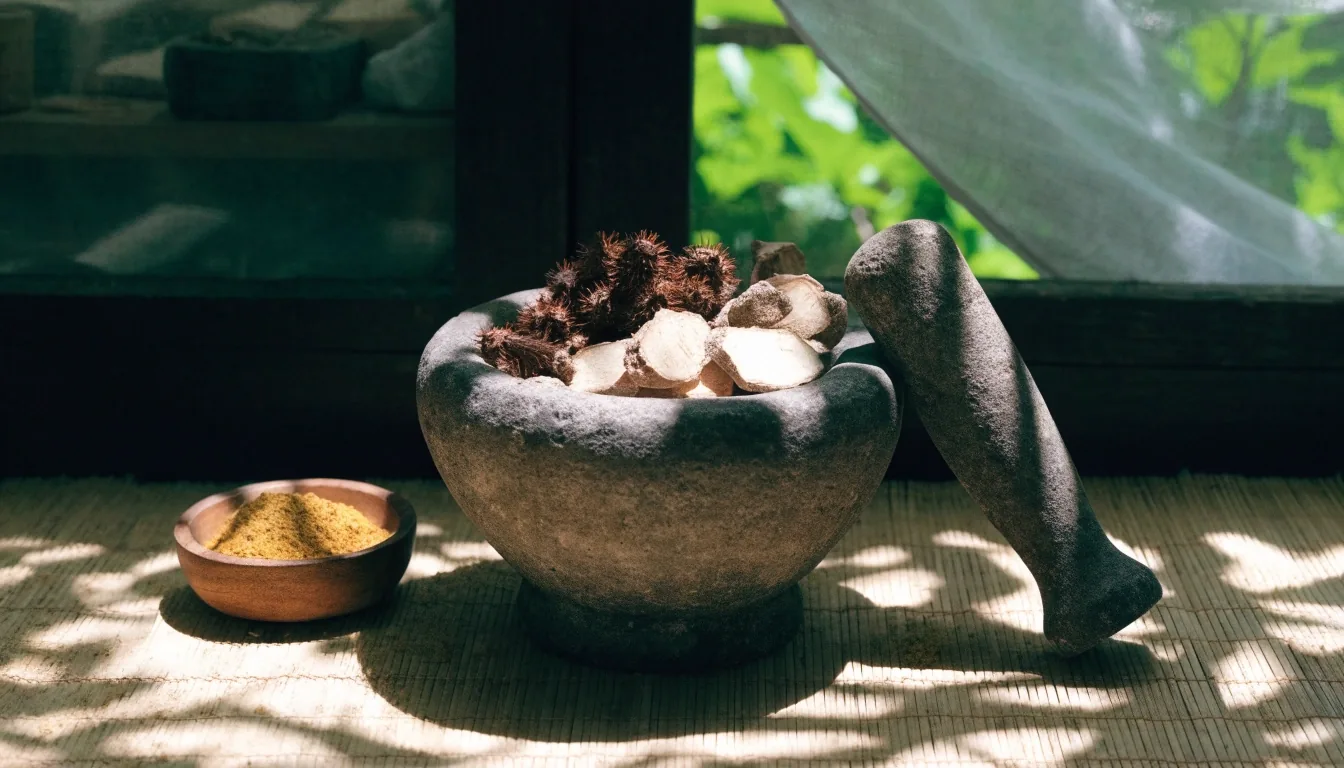 Dried Tribulus terrestris fruit and maca root powder arranged on a dark wooden surface
