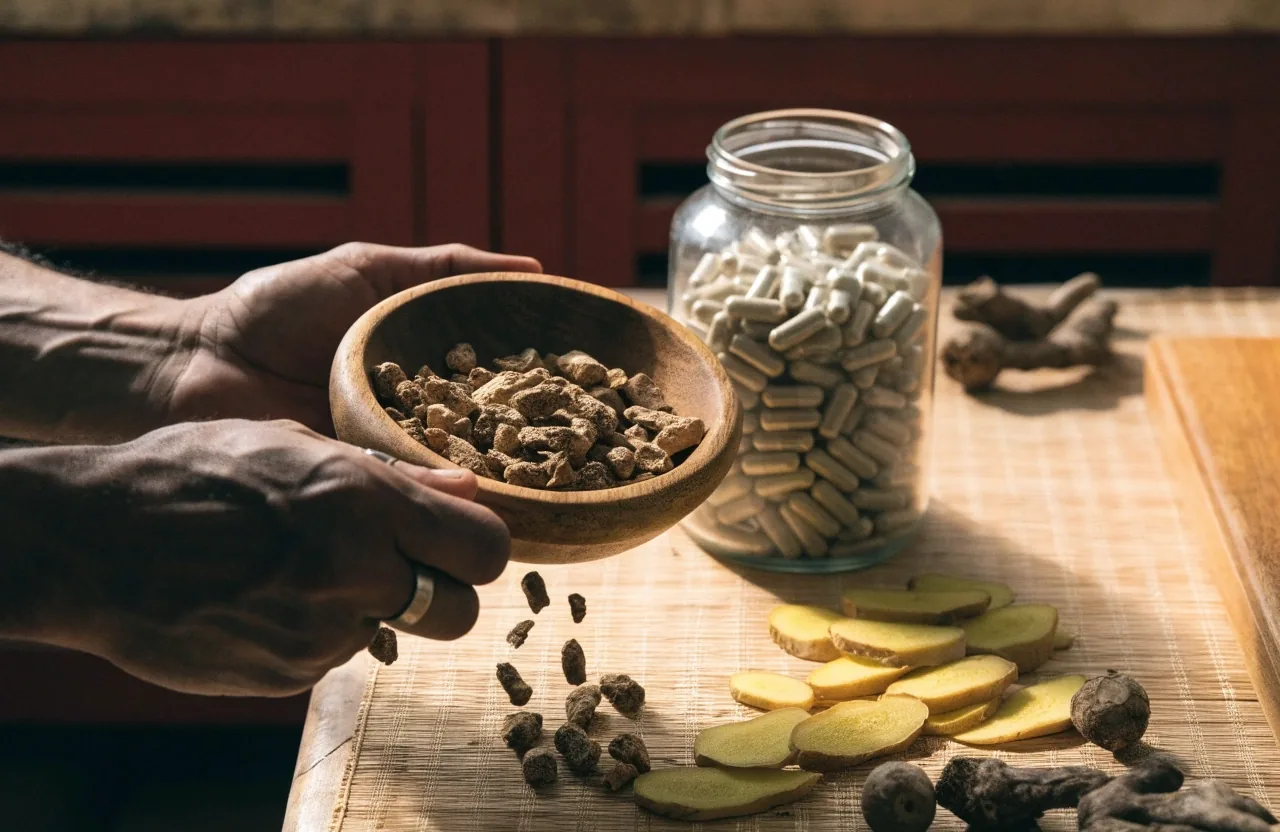 Hands sorting unmarked capsules on a linen cloth beside dried herbs