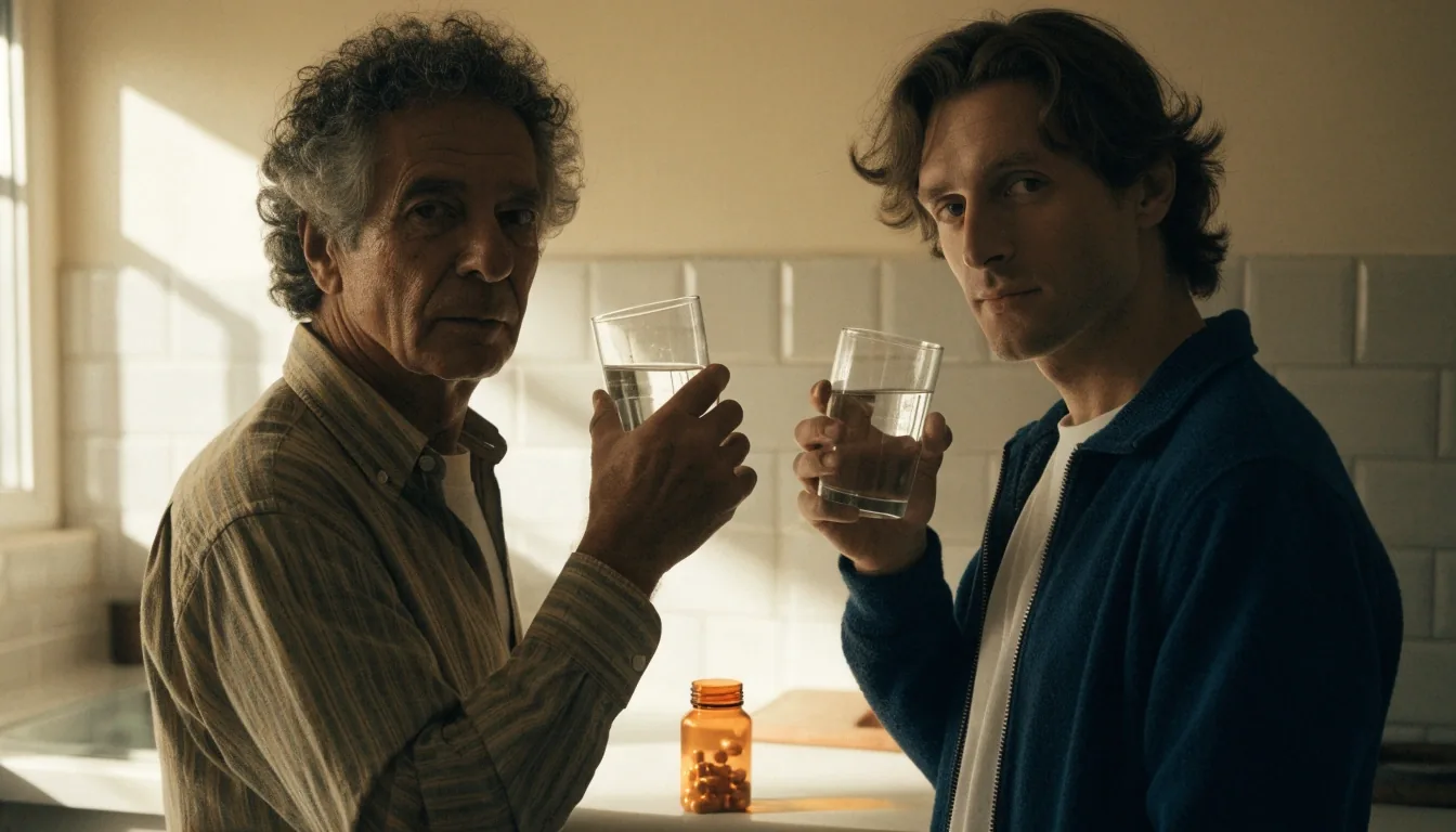 Two men of different ages standing side by side in a bright kitchen with a shared supplement bottle