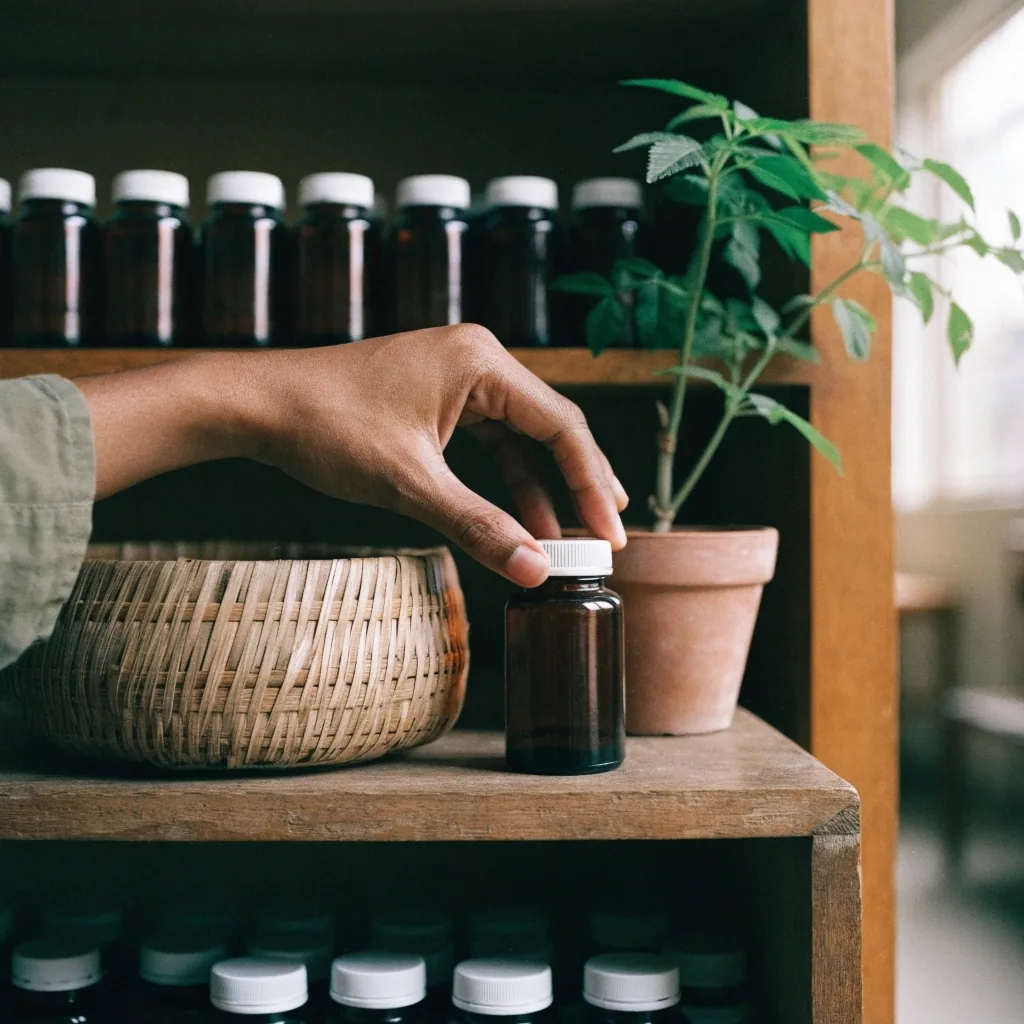 A single unbranded supplement bottle on a Jakarta windowsill among potted plants with the city blurred behind the glass