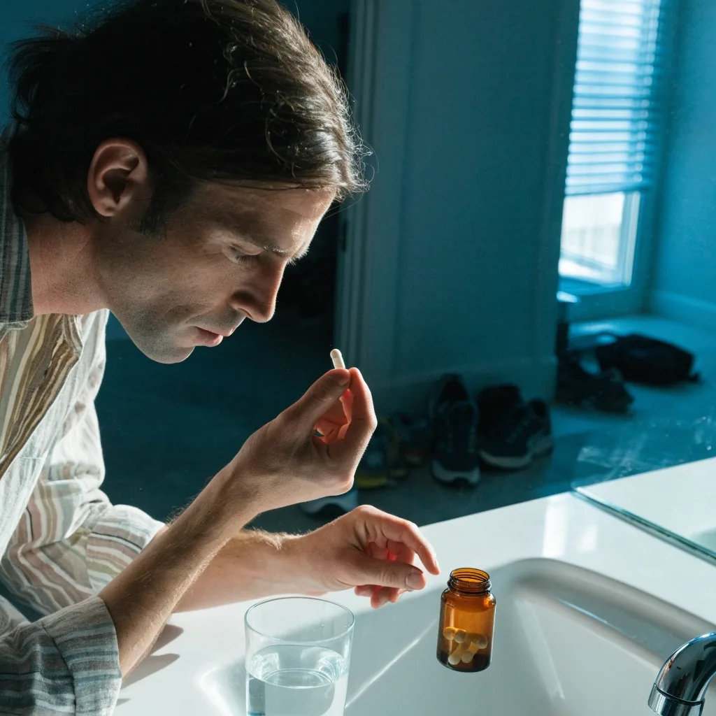 A man taking one capsule from an unbranded bottle at a bright bathroom mirror in the early morning