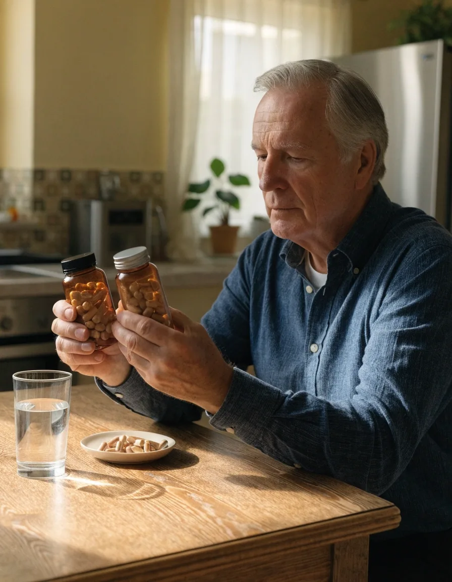 An older man comparing two unbranded supplement bottles in each hand at a sunlit kitchen table