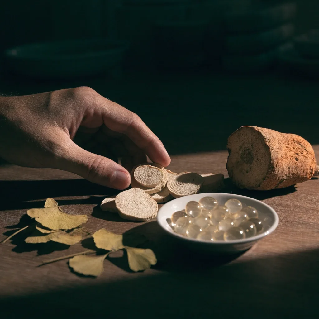 Dried ginseng root slices, ginkgo leaves and a maca root arranged beside clear capsules on a dark wooden surface