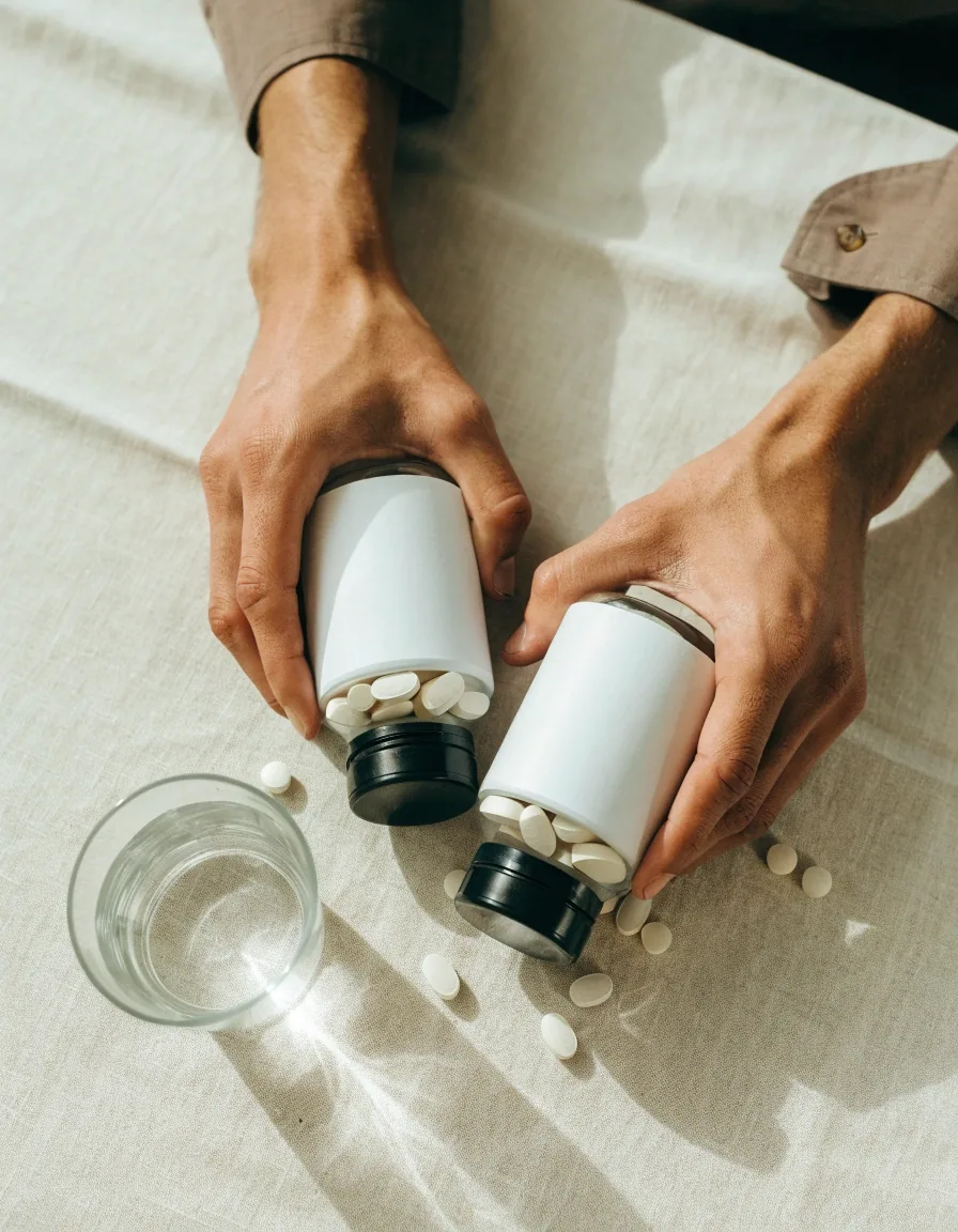 Two unbranded supplement bottles turned panel-down on a pale linen surface beside a glass of water and loose tablets