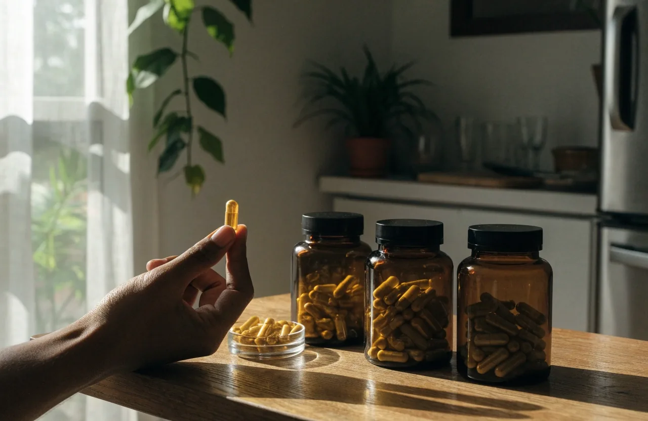 Unbranded supplement bottles and loose capsules on a wooden table in morning light, a hand lifting one capsule