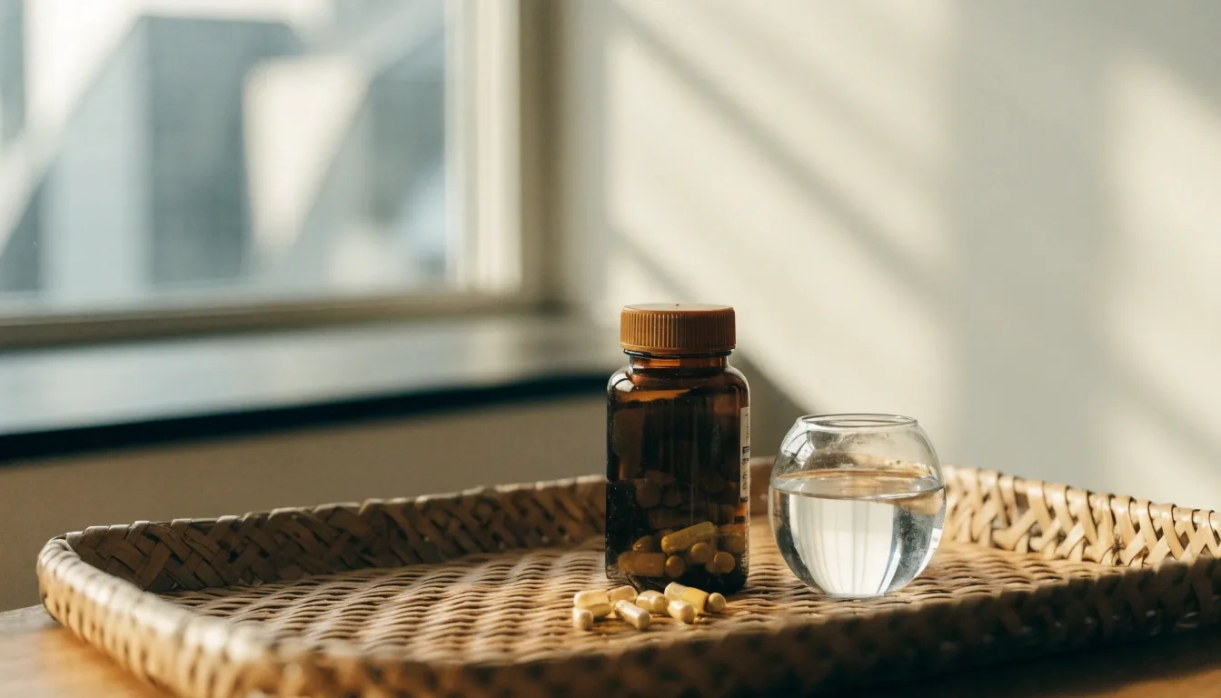 Supplement bottle and a glass of water on a desk in a Jakarta editorial office