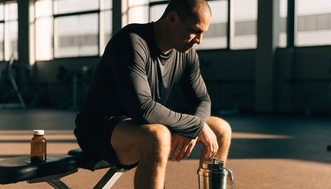 A man resting between training sets with a supplement bottle on the bench beside him