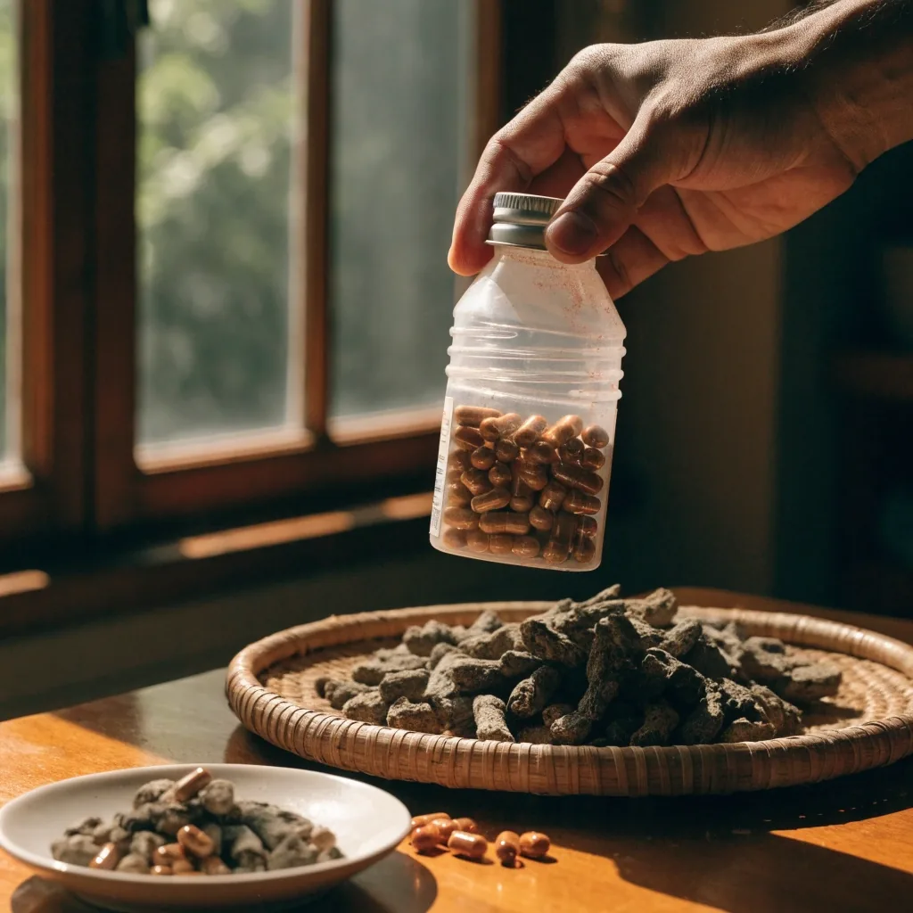 An Indonesian herbal capsule bottle with loose capsules and botanical ingredients arranged beside it