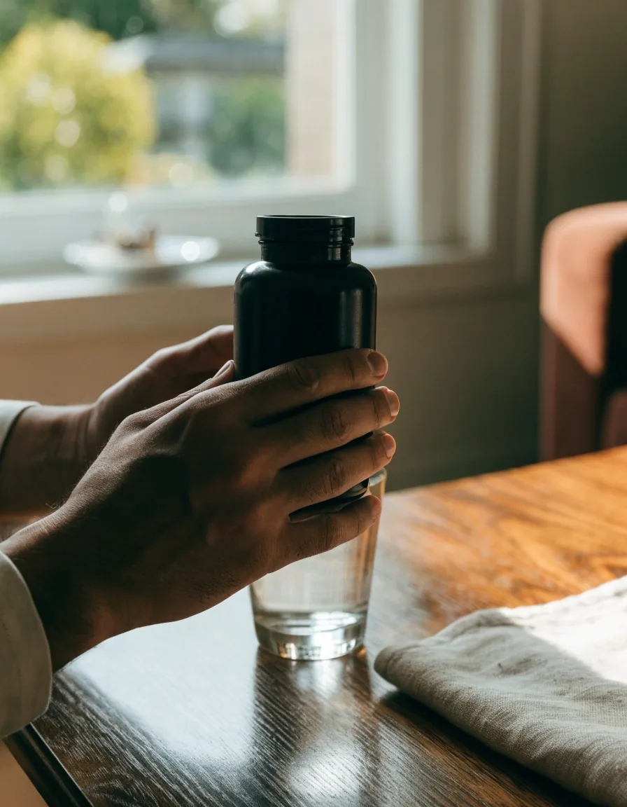 A man reading a supplement bottle label at a sunlit kitchen counter beside a notebook and a glass of water